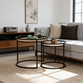 Modern Minimalist Round Iron Side Table: Natural Indonesian Rattan & Handwoven - Dual-Table Set End Table For Living Room Lumendat