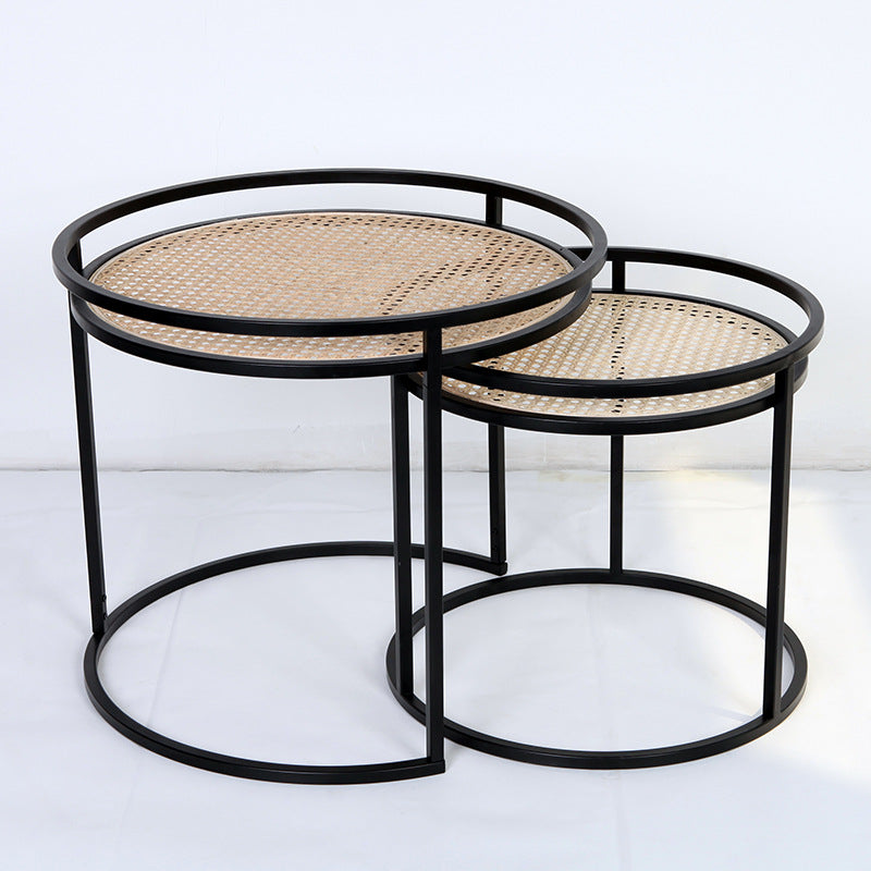 Modern Minimalist Round Iron Side Table: Natural Indonesian Rattan & Handwoven - Dual-Table Set End Table For Living Room Lumendat