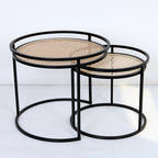Modern Minimalist Round Iron Side Table: Natural Indonesian Rattan & Handwoven - Dual-Table Set End Table For Living Room Lumendat