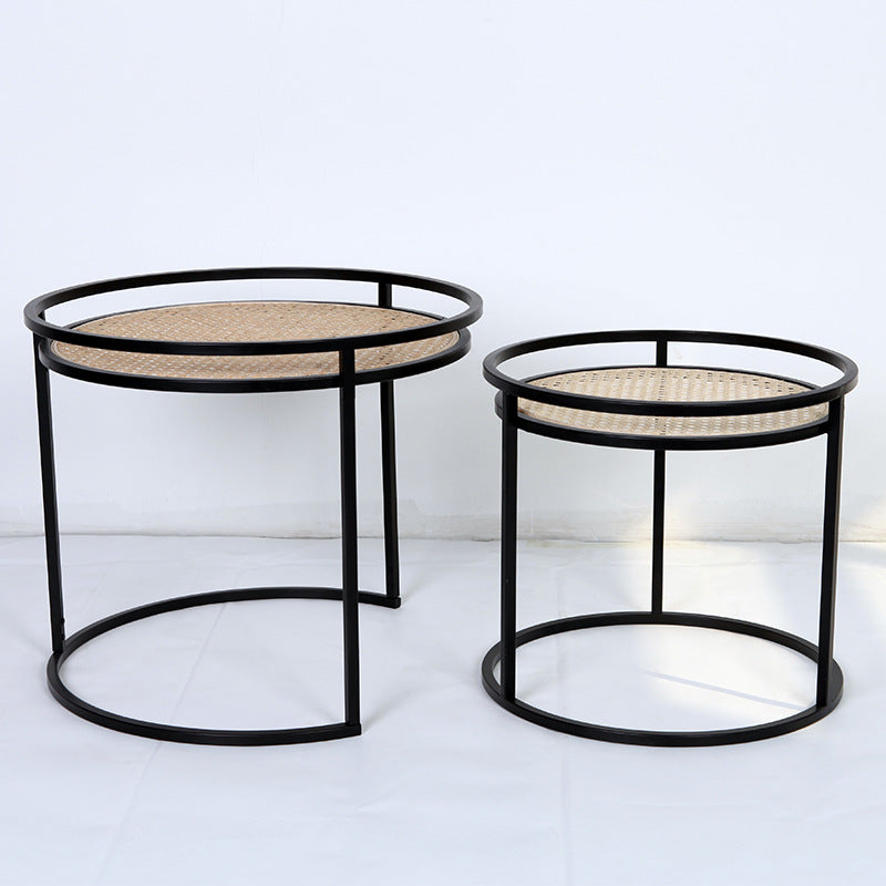 Modern Minimalist Round Iron Side Table: Natural Indonesian Rattan & Handwoven - Dual-Table Set End Table For Living Room Lumendat