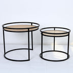 Modern Minimalist Round Iron Side Table: Natural Indonesian Rattan & Handwoven - Dual-Table Set End Table For Living Room Lumendat