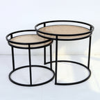 Modern Minimalist Round Iron Side Table: Natural Indonesian Rattan & Handwoven - Dual-Table Set End Table For Living Room Lumendat
