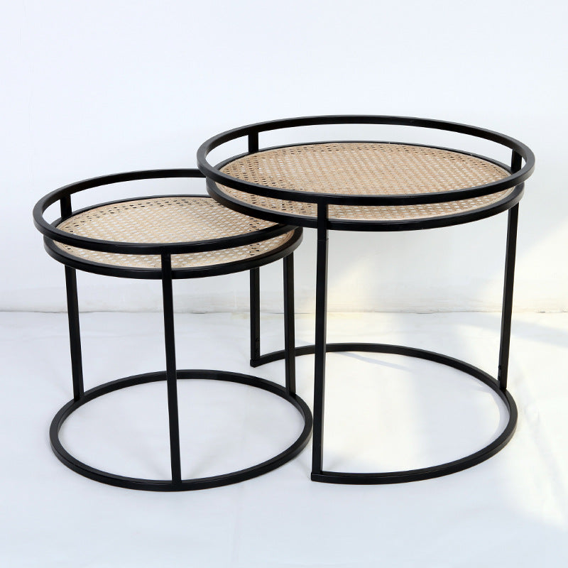 Modern Minimalist Round Iron Side Table: Natural Indonesian Rattan & Handwoven - Dual-Table Set End Table For Living Room Lumendat