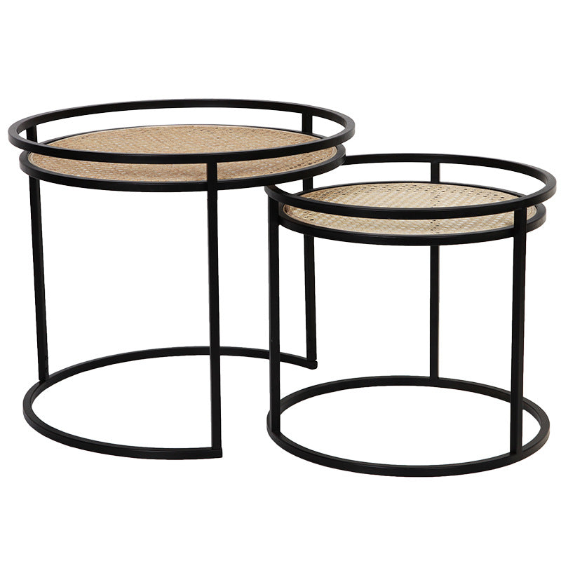 Modern Minimalist Round Iron Side Table: Natural Indonesian Rattan & Handwoven - Dual-Table Set End Table For Living Room Lumendat