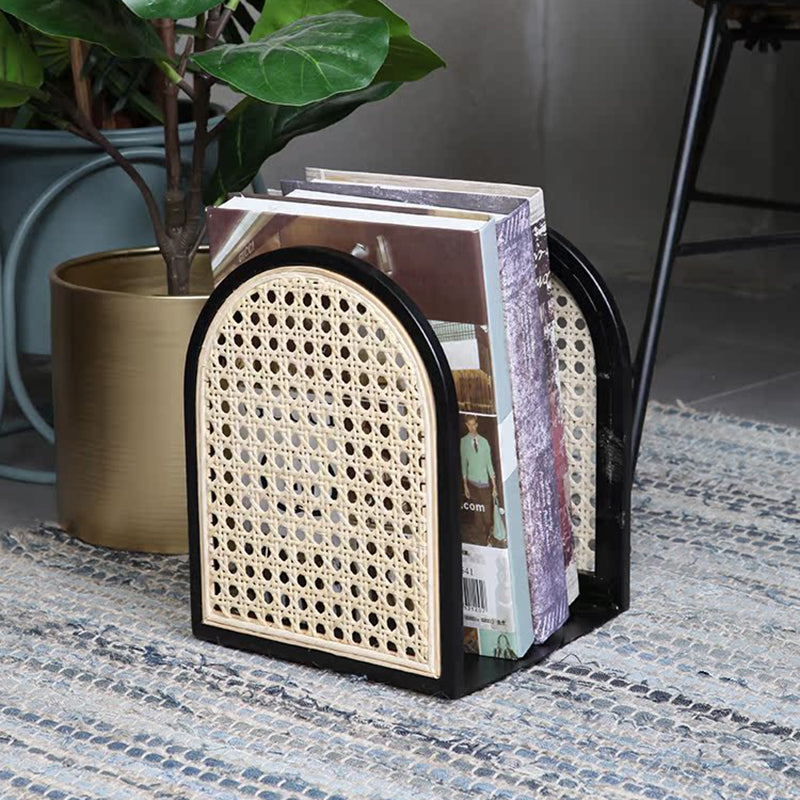 Traditional Vintage Half-Round Iron Bookshelf: Natural Indonesian Rattan & Handwoven - Desk Storage Shelf For Study & Bedroom Lumendat
