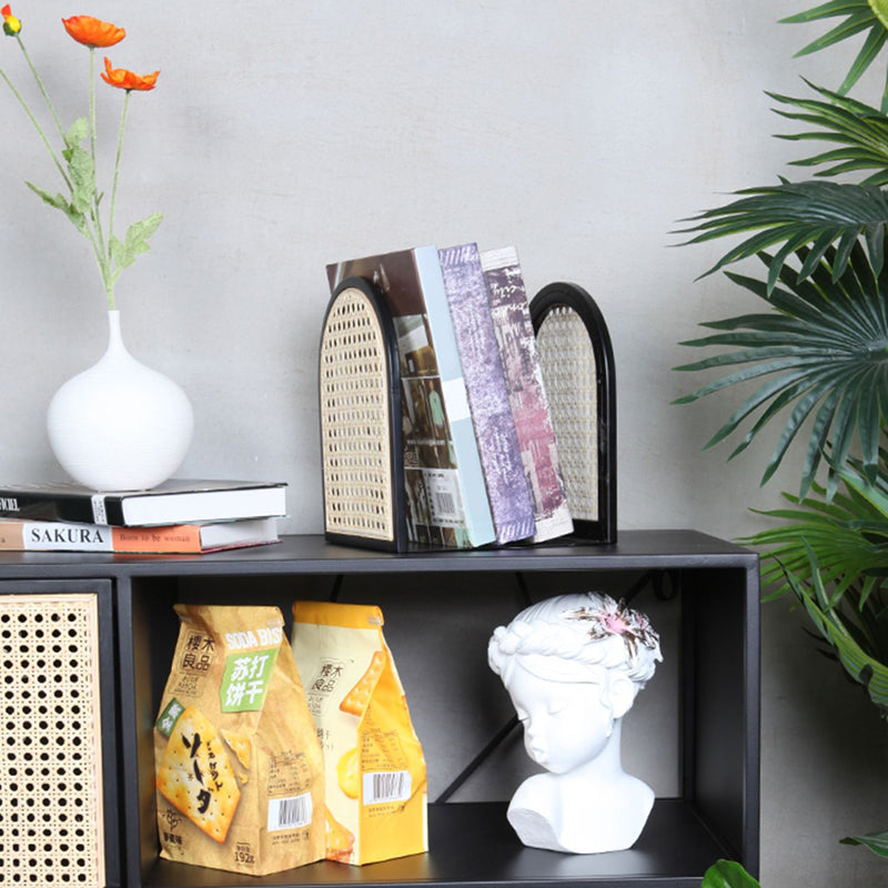 Traditional Vintage Half-Round Iron Bookshelf: Natural Indonesian Rattan & Handwoven - Desk Storage Shelf For Study & Bedroom Lumendat