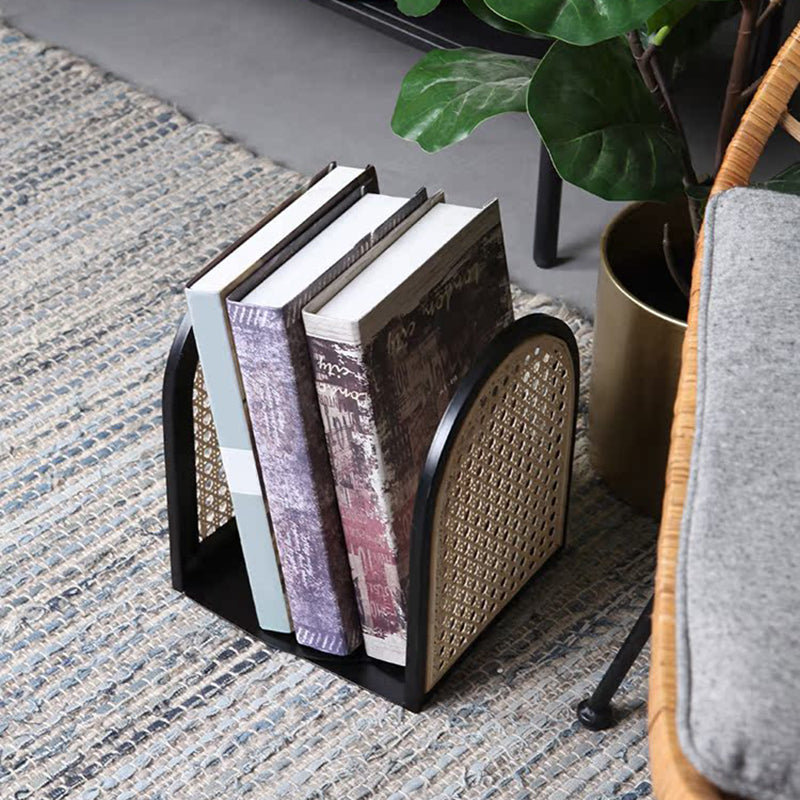 Traditional Vintage Half-Round Iron Bookshelf: Natural Indonesian Rattan & Handwoven - Desk Storage Shelf For Study & Bedroom Lumendat