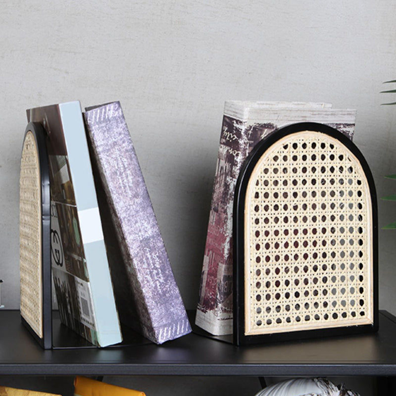 Traditional Vintage Half-Round Iron Bookshelf: Natural Indonesian Rattan & Handwoven - Desk Storage Shelf For Study & Bedroom Lumendat