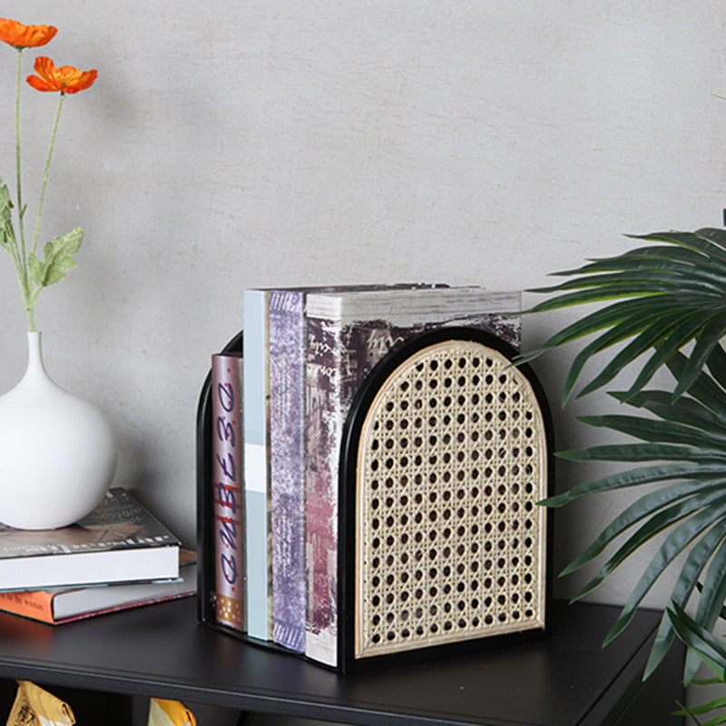 Traditional Vintage Half-Round Iron Bookshelf: Natural Indonesian Rattan & Handwoven - Desk Storage Shelf For Study & Bedroom Lumendat