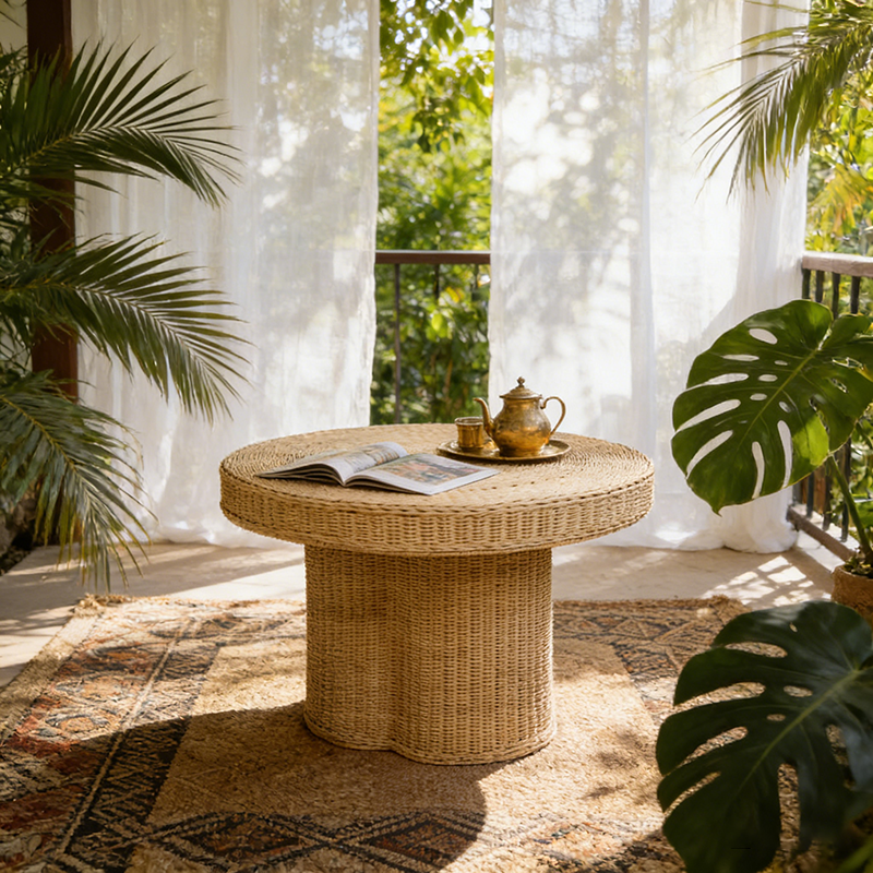 Contemporary Scandinavian Round Coffee Table: Natural Indonesian Rattan & Handwoven - Wood Color Tea Table For Living Room Lumendat
