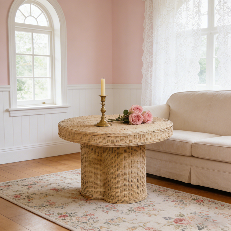 Contemporary Scandinavian Round Coffee Table: Natural Indonesian Rattan & Handwoven - Wood Color Tea Table For Living Room Lumendat