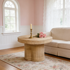 Contemporary Scandinavian Round Coffee Table: Natural Indonesian Rattan & Handwoven - Wood Color Tea Table For Living Room Lumendat