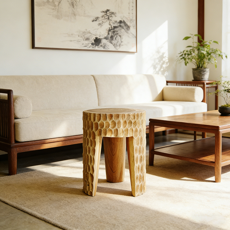 Modern Art Deco Round Side Table: Honeycomb Carving - Solid Wood End Table For Living Room Lumendat