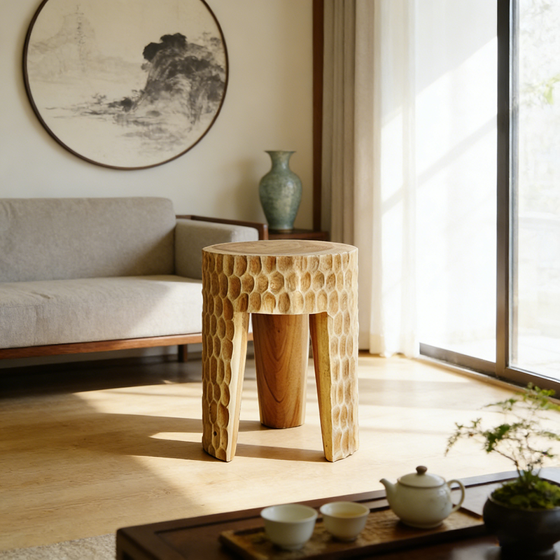 Modern Art Deco Round Side Table: Honeycomb Carving - Solid Wood End Table For Living Room Lumendat