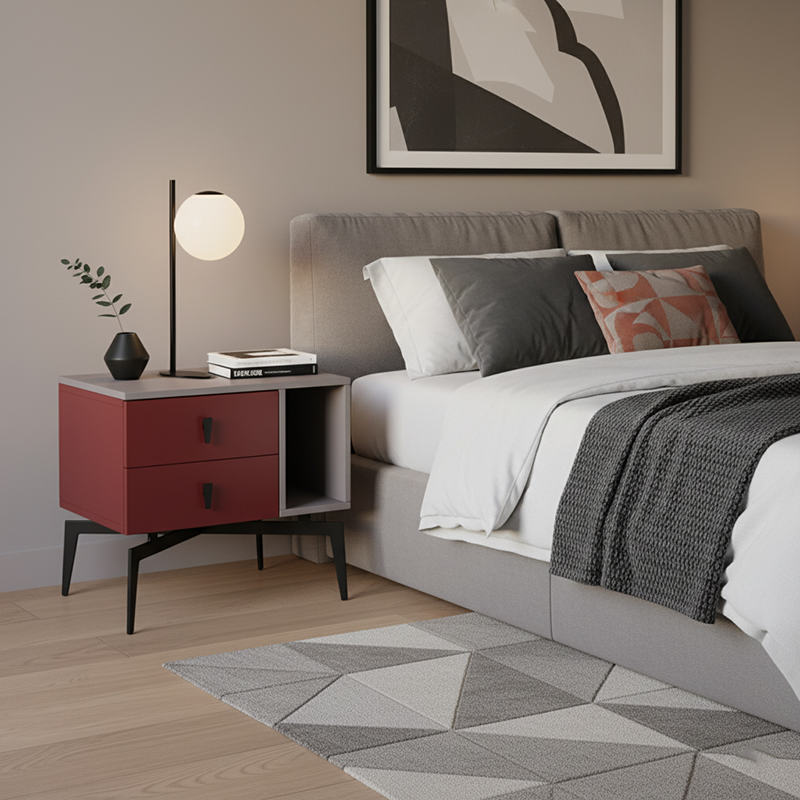 Modern Luxury Color-Block Nightstand: Red & Beige Two-Tone Storage Bedside Table For Bedroom Lumendat