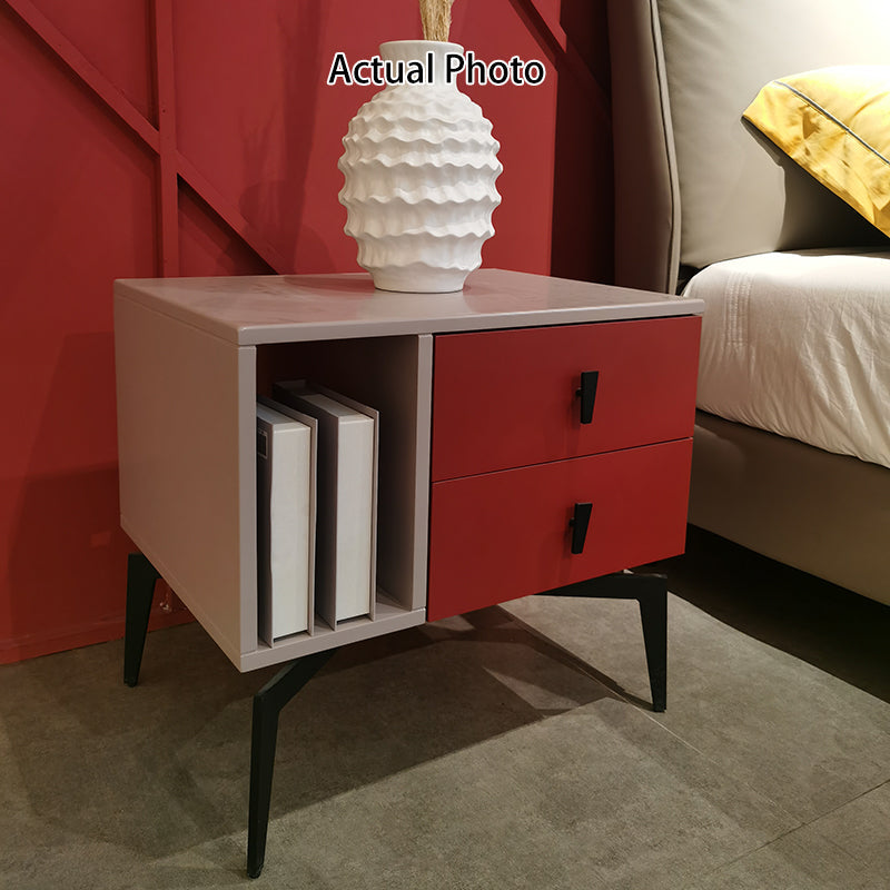 Modern Luxury Color-Block Nightstand: Red & Beige Two-Tone Storage Bedside Table For Bedroom Lumendat