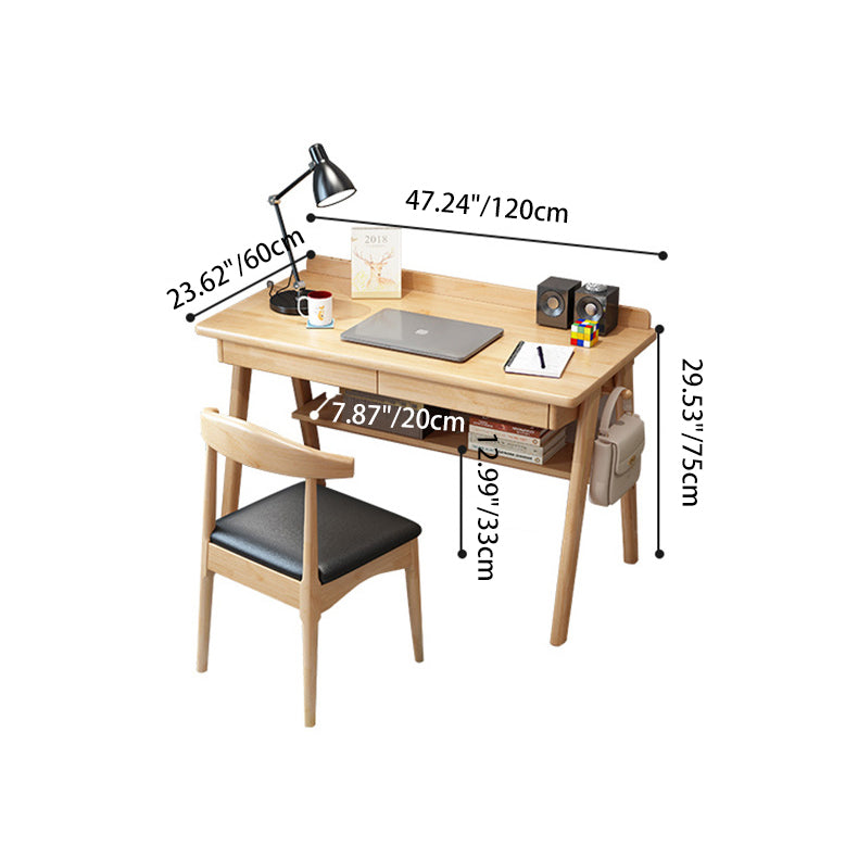Modern Minimalist Rectangular Solid Wood Desks 4-Leg 2-Drawer 2-Tier For Home Office DFM-F