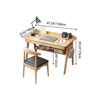 Modern Minimalist Rectangular Solid Wood Desks 4-Leg 2-Drawer 2-Tier For Home Office