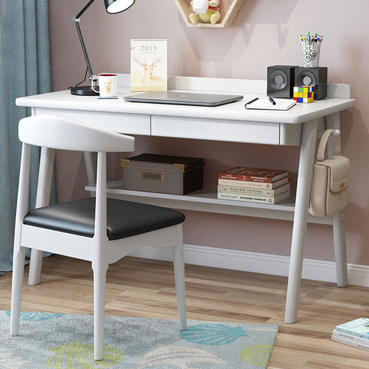 Modern Minimalist Rectangular Solid Wood Desks 4-Leg 2-Drawer 2-Tier For Home Office