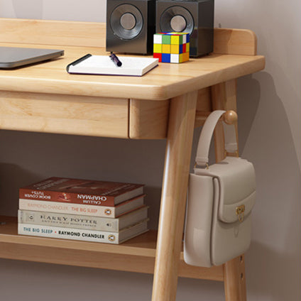 Modern Minimalist Rectangular Solid Wood Desks 4-Leg 2-Drawer 2-Tier For Home Office DFM-F