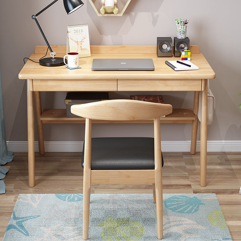 Modern Minimalist Rectangular Solid Wood Desks 4-Leg 2-Drawer 2-Tier For Home Office DFM-F
