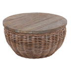 Traditional Vintage Round Rattan Coffee Table - Solid Wood: Hand-Woven, Rustic Charm, Durable Craftsmanship & Timeless Aesthetic For Living Room & Veranda Lumendat