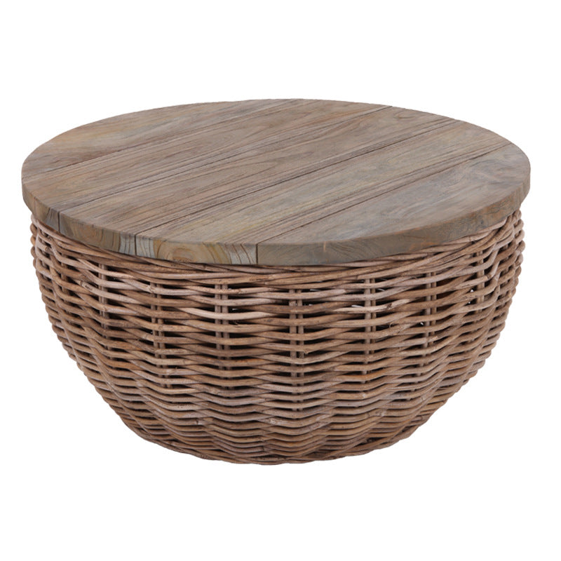 Traditional Vintage Round Rattan Coffee Table - Solid Wood: Hand-Woven, Rustic Charm, Durable Craftsmanship & Timeless Aesthetic For Living Room & Veranda Lumendat