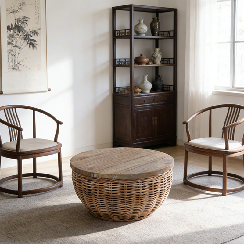 Traditional Vintage Round Rattan Coffee Table - Solid Wood: Hand-Woven, Rustic Charm, Durable Craftsmanship & Timeless Aesthetic For Living Room & Veranda Lumendat