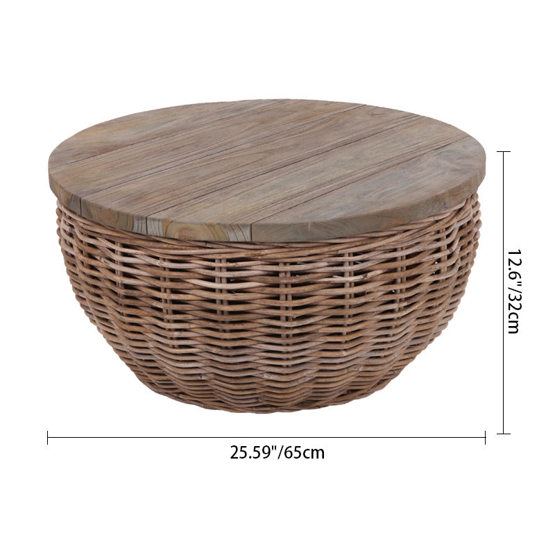 Traditional Vintage Round Rattan Coffee Table - Solid Wood: Hand-Woven, Rustic Charm, Durable Craftsmanship & Timeless Aesthetic For Living Room & Veranda Lumendat