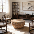 Traditional Vintage Round Rattan Coffee Table - Solid Wood: Hand-Woven, Rustic Charm, Durable Craftsmanship & Timeless Aesthetic For Living Room & Veranda Lumendat
