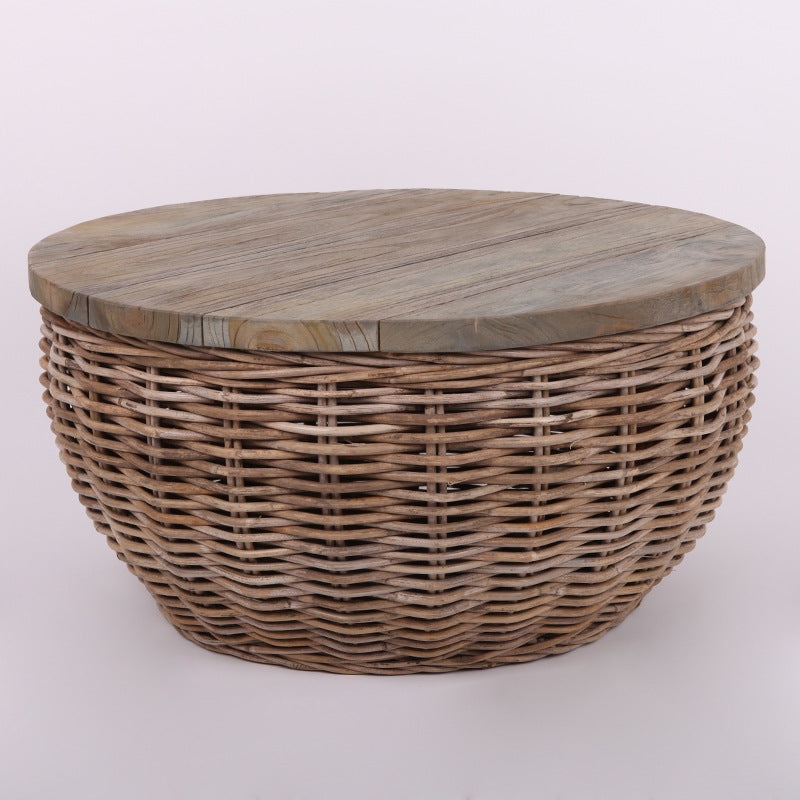 Traditional Vintage Round Rattan Coffee Table - Solid Wood: Hand-Woven, Rustic Charm, Durable Craftsmanship & Timeless Aesthetic For Living Room & Veranda Lumendat