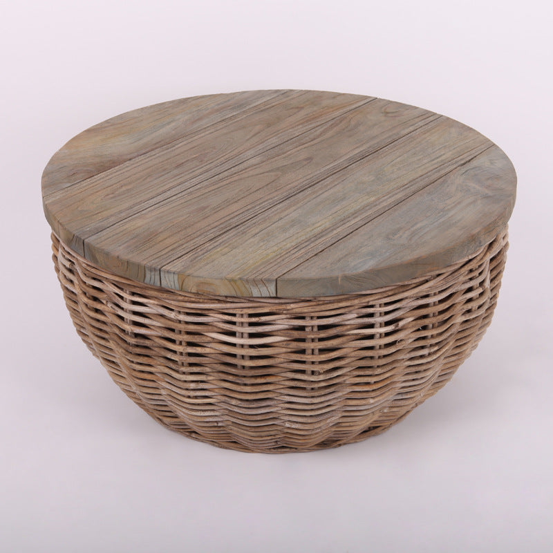 Traditional Vintage Round Rattan Coffee Table - Solid Wood: Hand-Woven, Rustic Charm, Durable Craftsmanship & Timeless Aesthetic For Living Room & Veranda Lumendat