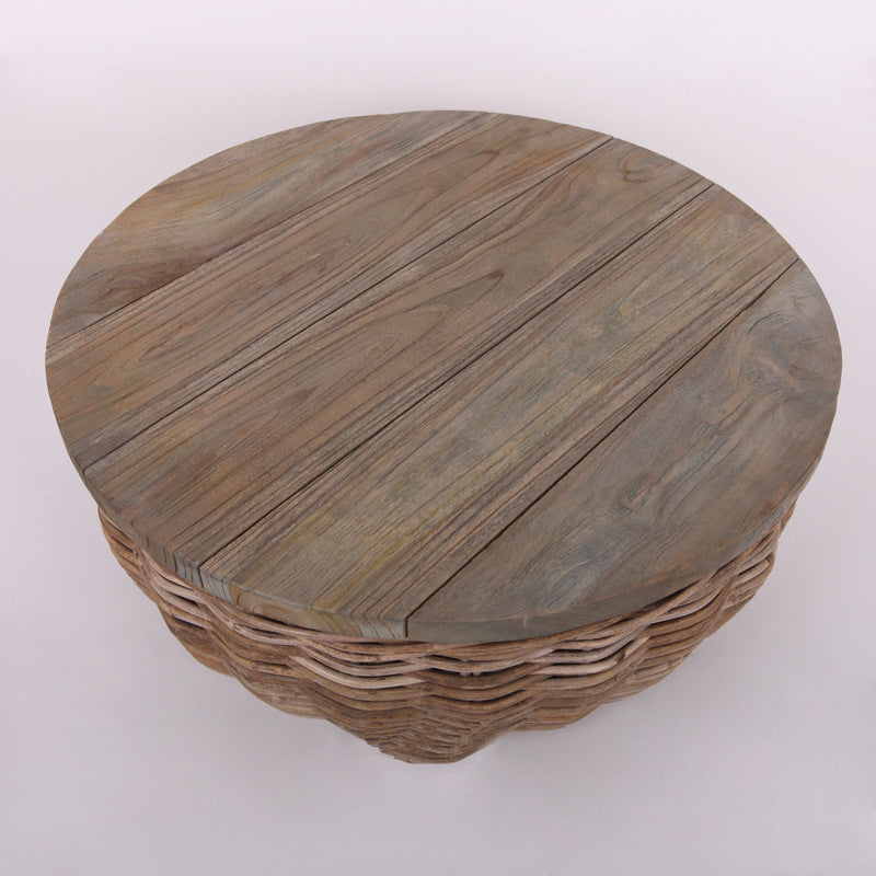 Traditional Vintage Round Rattan Coffee Table - Solid Wood: Hand-Woven, Rustic Charm, Durable Craftsmanship & Timeless Aesthetic For Living Room & Veranda Lumendat