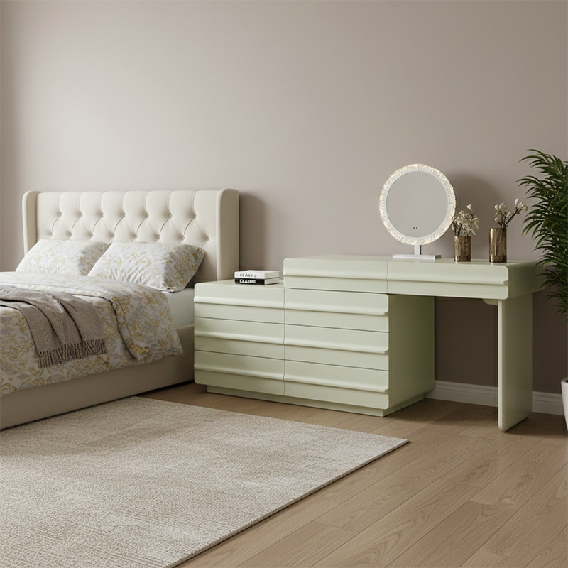 Space-saving Extendable Makeup Vanity - Nordic Matcha Green MDF Solid Wood Particle Board 6 Drawers Design For Bedroom Lumendat