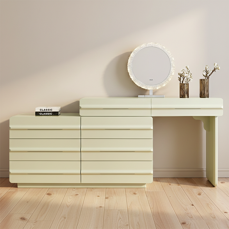 Space-saving Extendable Makeup Vanity - Nordic Matcha Green MDF Solid Wood Particle Board 6 Drawers Design For Bedroom Lumendat