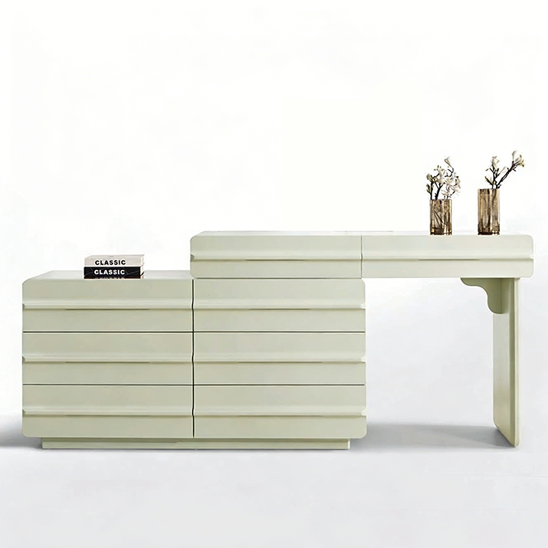 Space-saving Extendable Makeup Vanity - Nordic Matcha Green MDF Solid Wood Particle Board 6 Drawers Design For Bedroom Lumendat