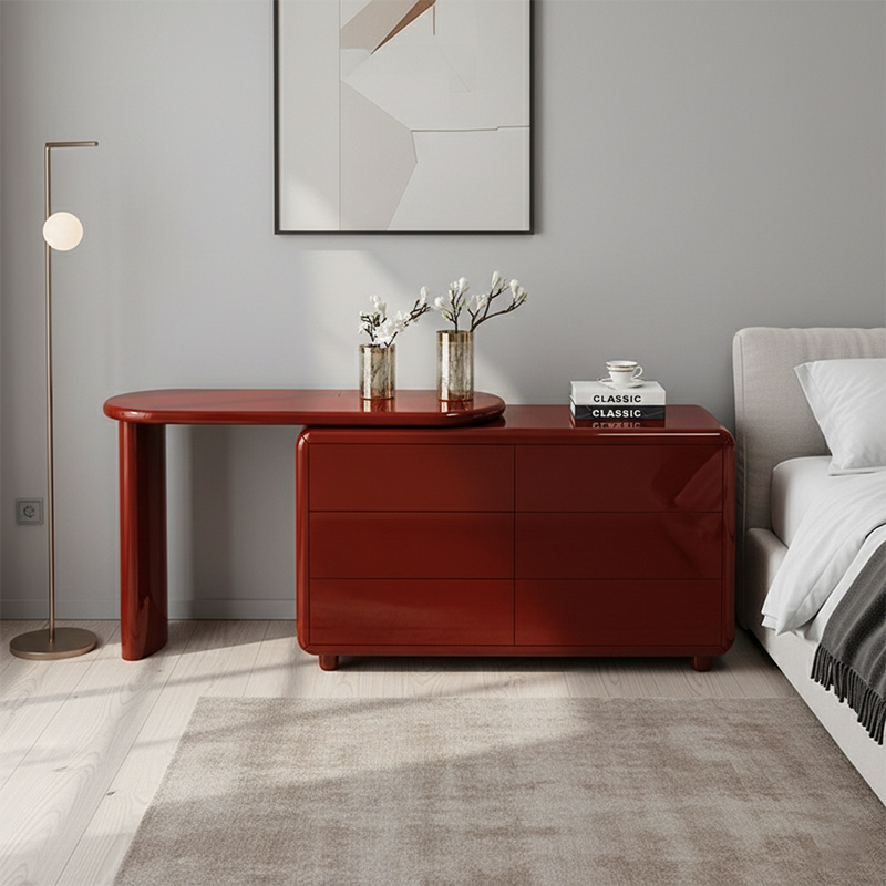 Stylish Red 6-Drawer Makeup Vanity - Nordic Design, Durable MDF & Solid Wood Particle Board For Bedroom Lumendat