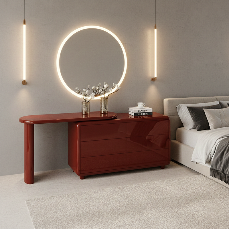 Stylish Red 6-Drawer Makeup Vanity - Nordic Design, Durable MDF & Solid Wood Particle Board For Bedroom Lumendat