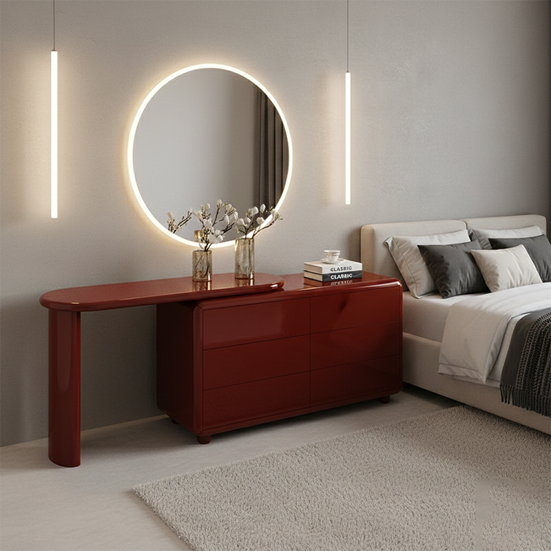 Stylish Red 6-Drawer Makeup Vanity - Nordic Design, Durable MDF & Solid Wood Particle Board For Bedroom Lumendat
