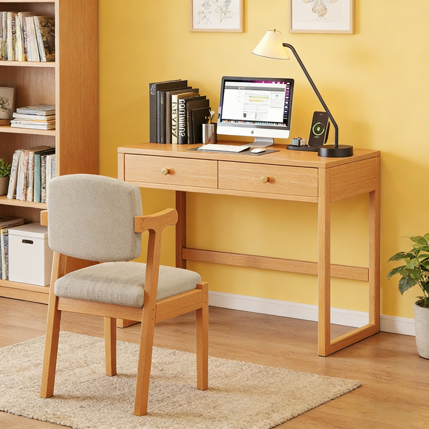 Modern Minimalist Rubberwood Rectangular Desks 1/2-Drawer For Home Office