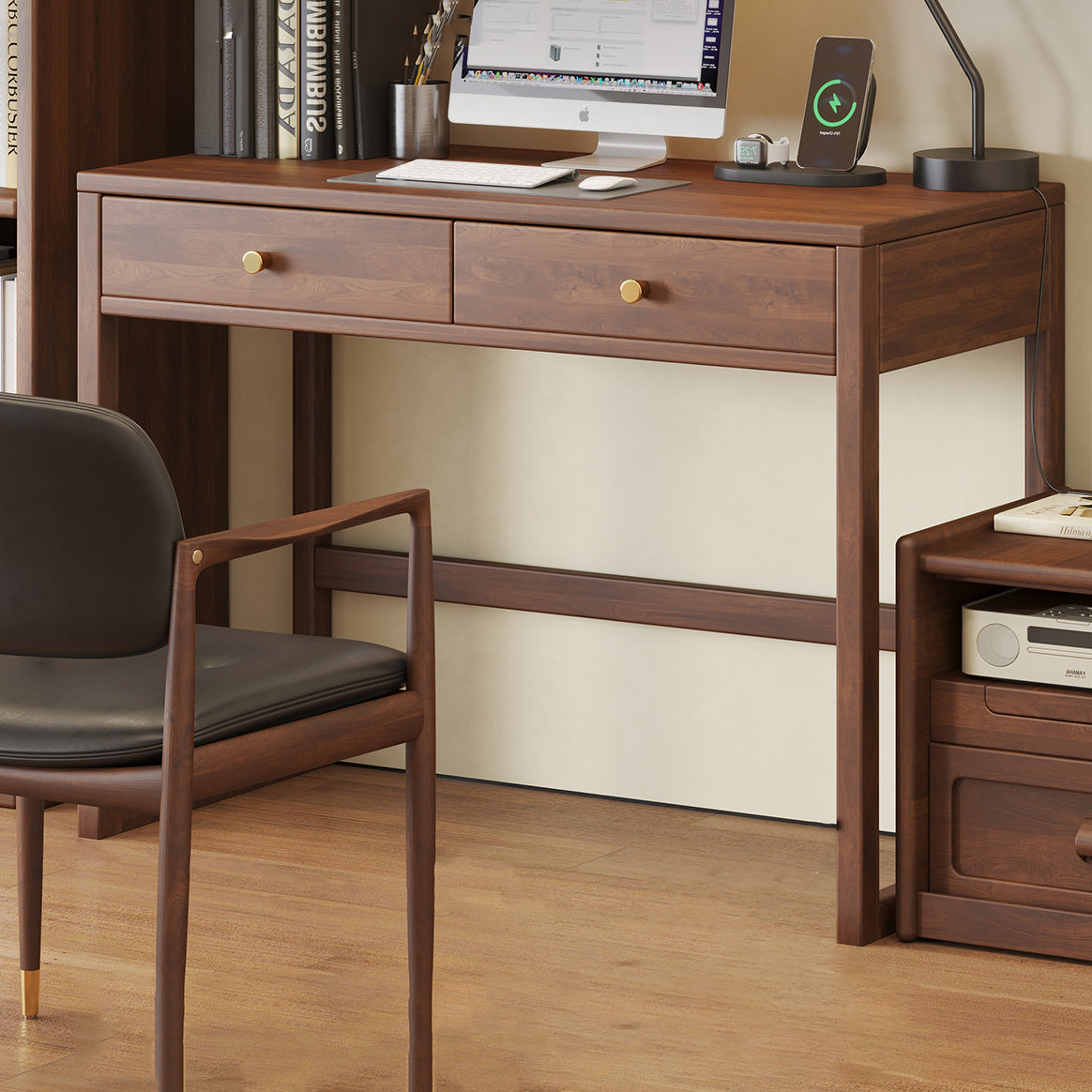 Modern Minimalist Rubberwood Rectangular Desks 1/2-Drawer For Home Office