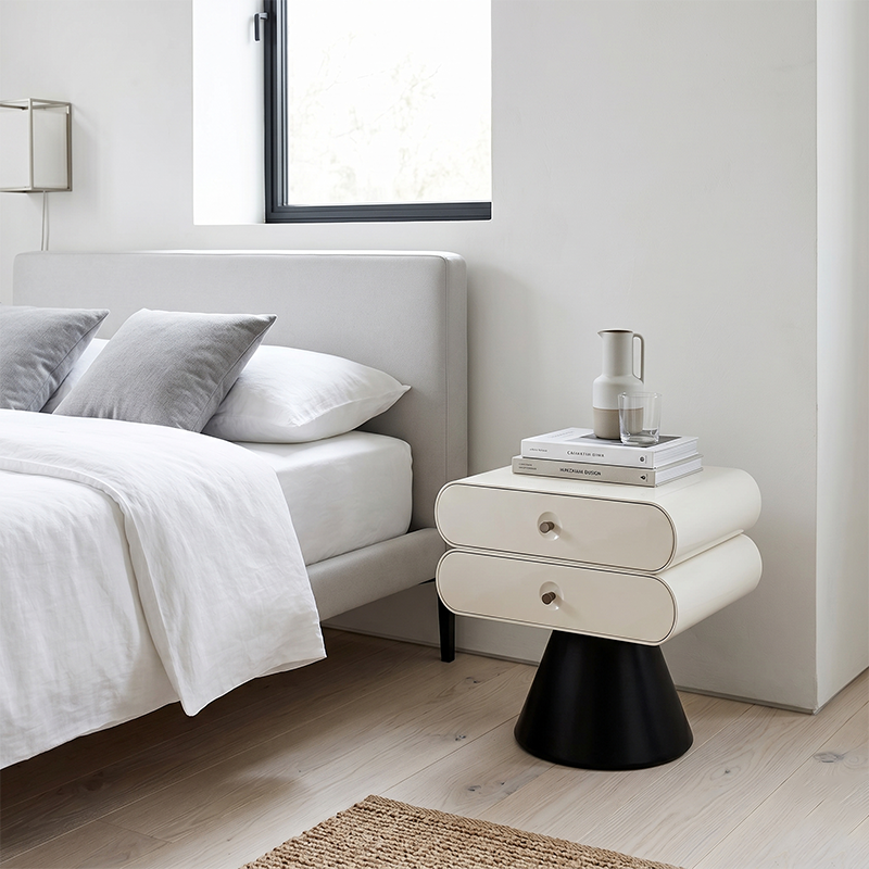 Contemporary Tapered Legs & Curved Edges Nightstand - Nordic Stylish Black And White Bedside Table With 2 Drawers For Bedroom Lumendat