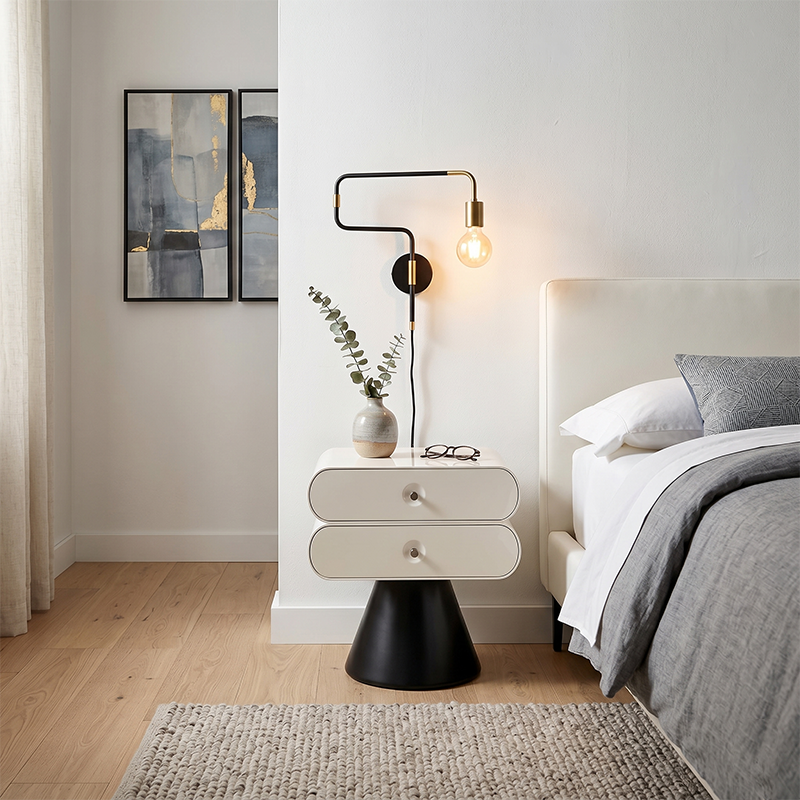 Contemporary Tapered Legs & Curved Edges Nightstand - Nordic Stylish Black And White Bedside Table With 2 Drawers For Bedroom Lumendat