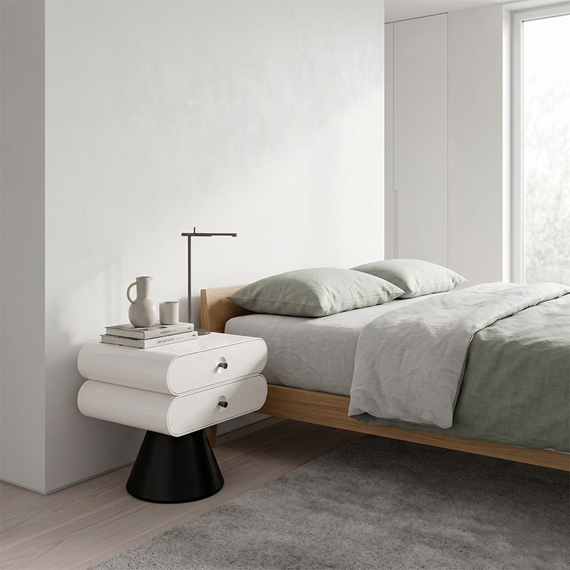 Contemporary Tapered Legs & Curved Edges Nightstand - Nordic Stylish Black And White Bedside Table With 2 Drawers For Bedroom Lumendat
