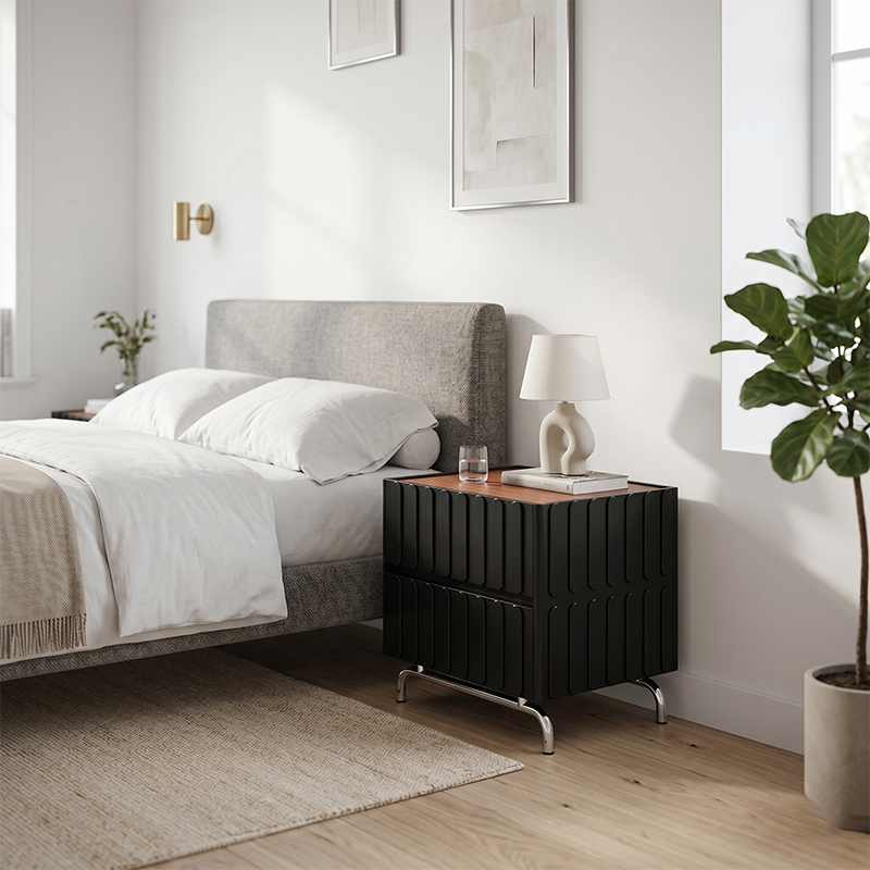 Sleek Vertical Stripes Design Nightstand - Nordic Bedside Table With Rectangular Design & 2 Spacious Drawers, Black & White Color Choices For Bedroom Lumendat