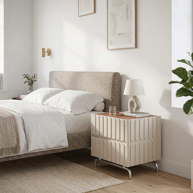 Sleek Vertical Stripes Design Nightstand - Nordic Bedside Table With Rectangular Design & 2 Spacious Drawers, Black & White Color Choices For Bedroom Lumendat
