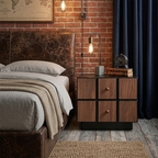 Contemporary Geometric MDF Nightstand - Retro Color Contrast Panels Bedside Table With 2 Drawers & Circular Handles For Bedroom Lumendat