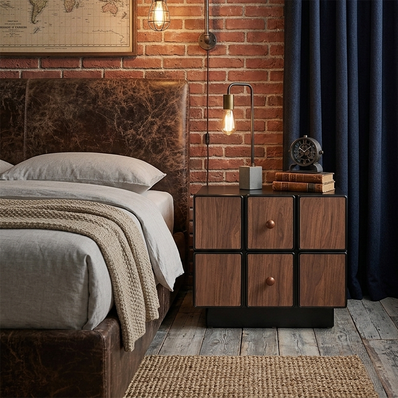 Contemporary Geometric MDF Nightstand - Retro Color Contrast Panels Bedside Table With 2 Drawers & Circular Handles For Bedroom Lumendat