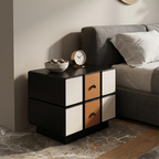 Contemporary Geometric MDF Nightstand - Retro Color Contrast Panels Bedside Table With 2 Drawers & Circular Handles For Bedroom Lumendat