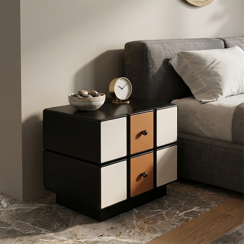 Contemporary Geometric MDF Nightstand - Retro Color Contrast Panels Bedside Table With 2 Drawers & Circular Handles For Bedroom Lumendat